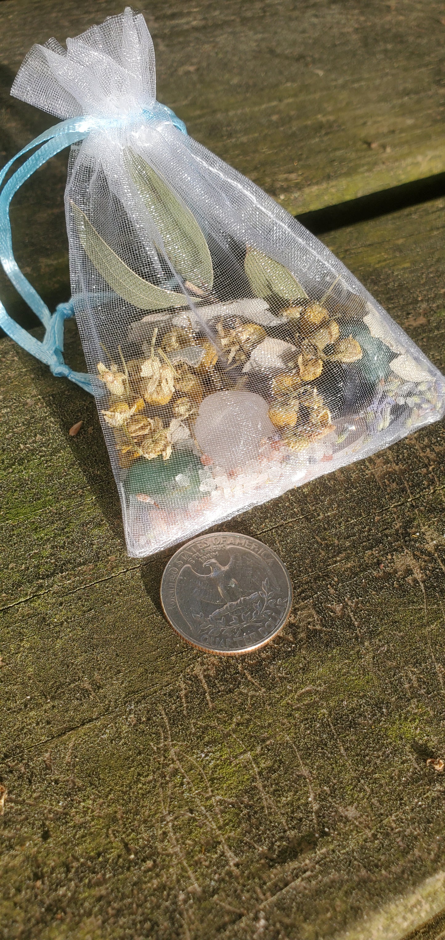 White organza bag with blue strings, filled with herbs and crystals. There is a quarter laying next to the bag.