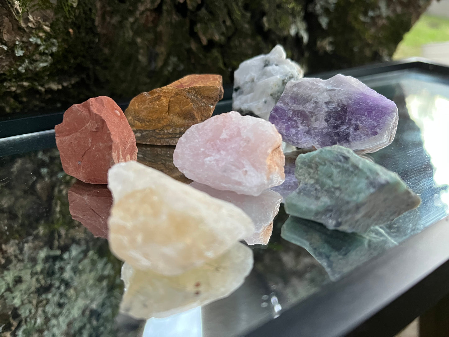 Raw tiger's eye, raw amethyst, raw rose quartz, raw emerald, raw red jasper, raw rainbow moonstone, and raw citrine set on a mirror with part of a tree as the backdrop.