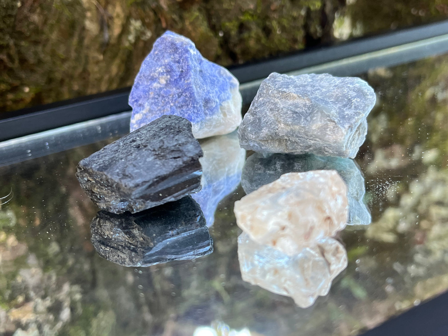 Raw sodalite, raw emerald, raw black tourmaline, and raw clear quartz set on a mirror with part of a tree as the backdrop.