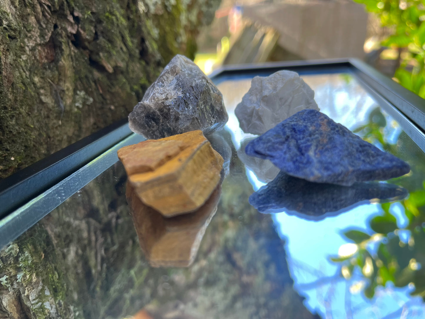 Raw smoky quartz, raw tiger's eye, raw howlite, and raw sodalite set on a mirror with part of a tree as the backdrop.