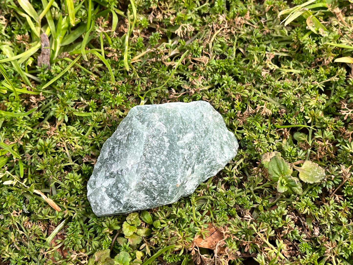 A piece of raw green aventurine in a patch of moss.