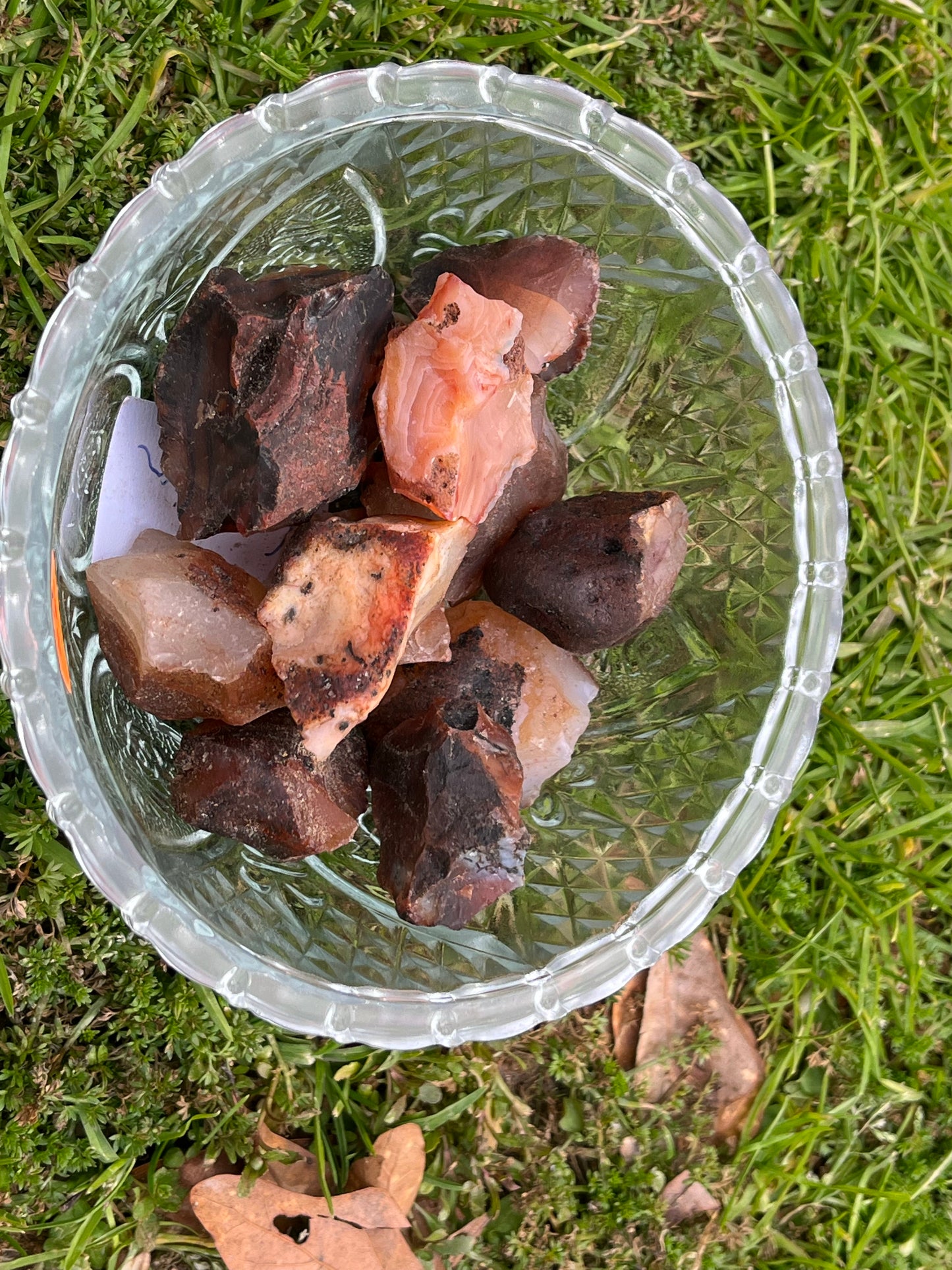 Pieces of raw carnelian agate in a round glass bowl. The bowl is in the grass.