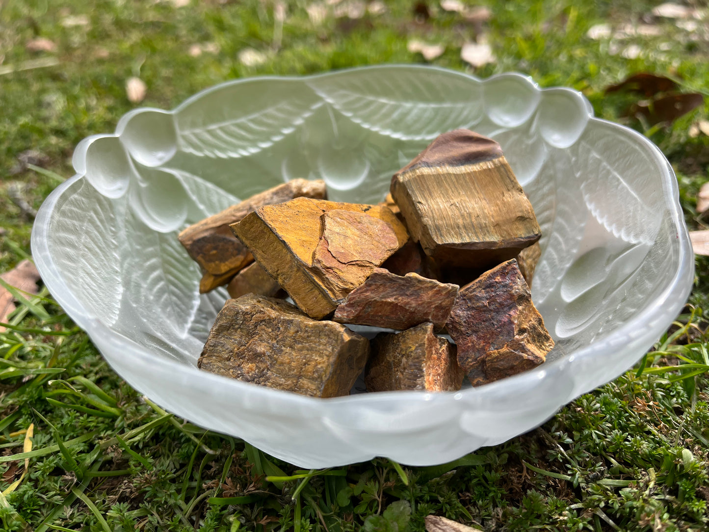 Pieces of raw tiger's eye in a round, frosted, glass bowl. The bowl is set on grass and moss.