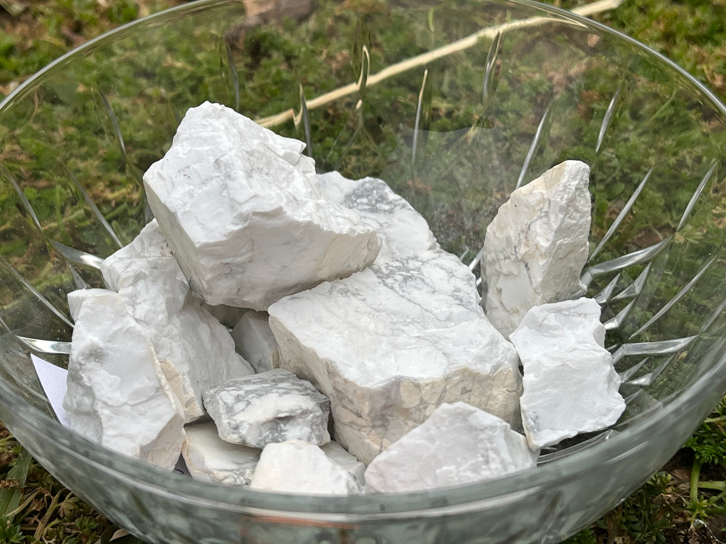 Chunks of raw howlite in a round glass bowl. The bowl is set on grass.