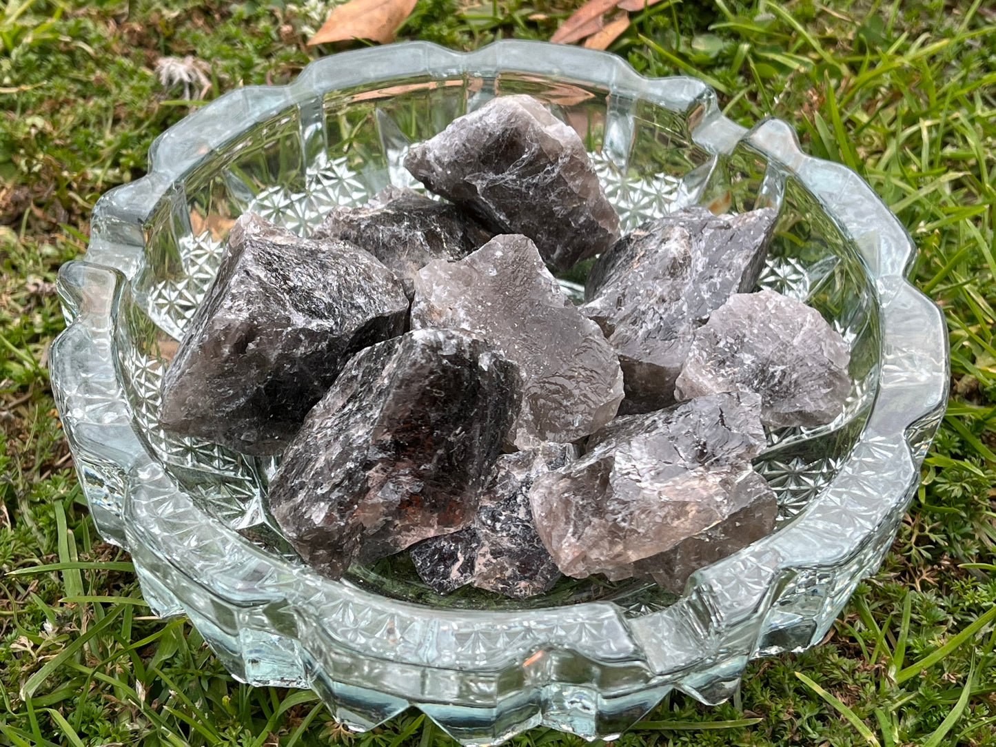 Chunks of raw smoky quartz in a round glass ashtray. The ashtray is set on grass and moss.