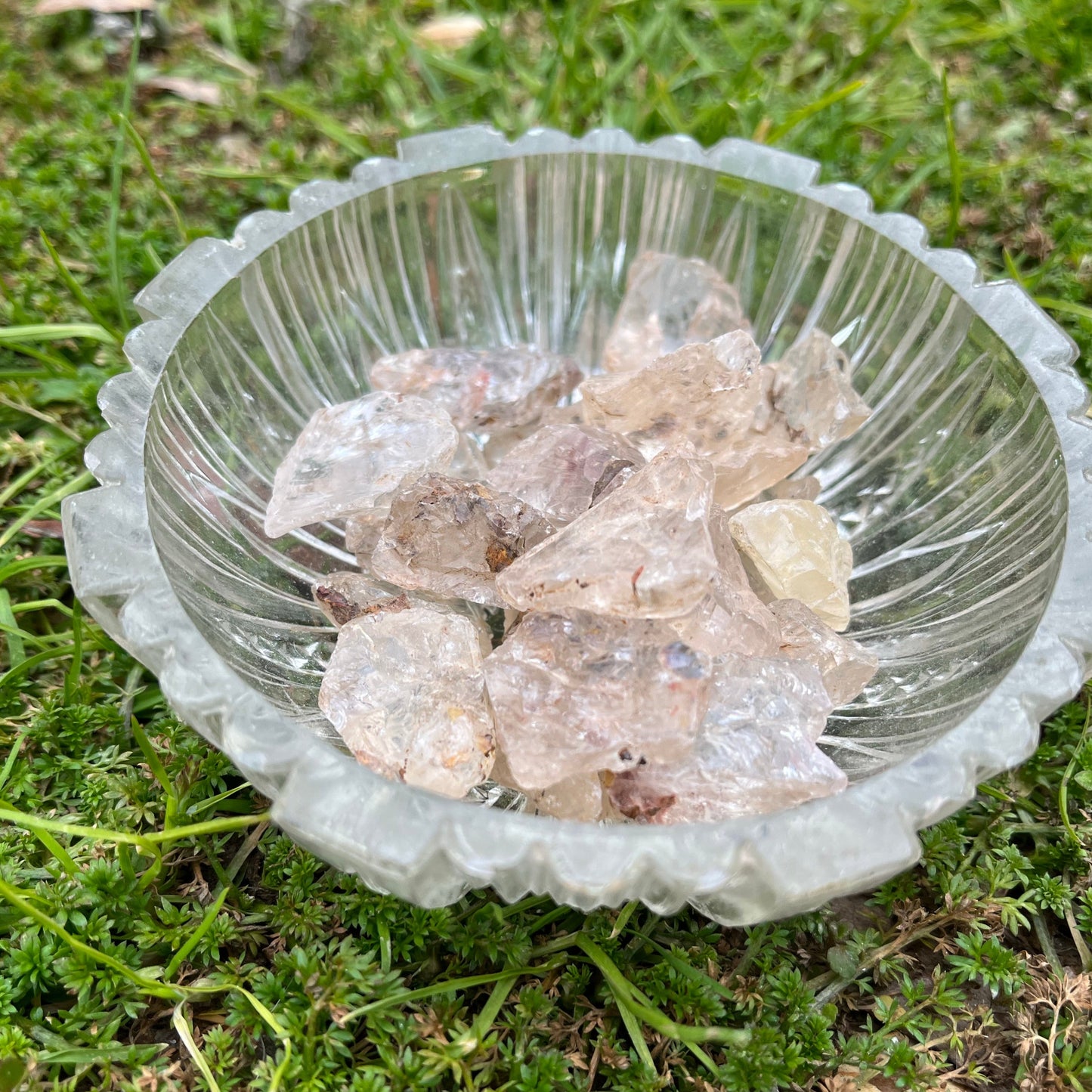 Small pieces of raw clear quartz in a small, round, glass bowl. The bowl is set in grass.