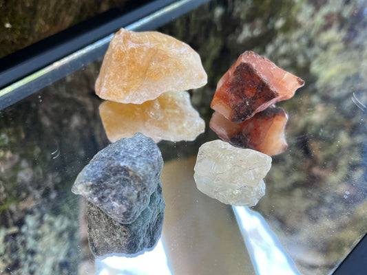 Raw citrine, raw carnelian, raw emerald, and raw clear quartz set on a mirror with part of a tree as the backdrop.