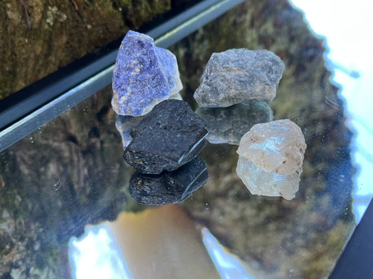 Raw sodalite, raw emerald, raw black tourmaline, and raw clear quartz set on a mirror with part of a tree as the backdrop.