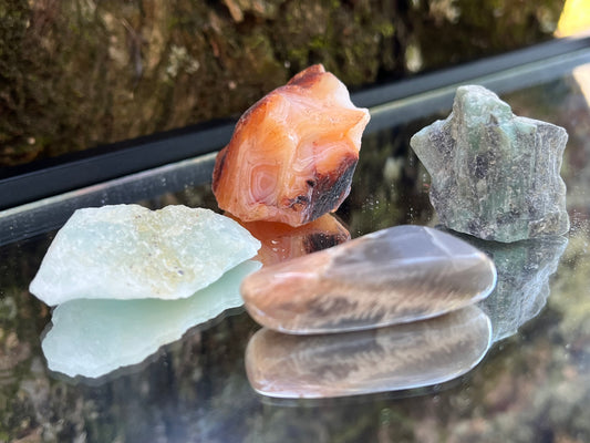 Raw carnelian, raw emerald, raw aquamarine, and tumbled black moonstone set on a mirror with part of a tree as the backdrop.