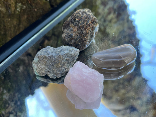 Raw black amber, raw emerald, raw rose quartz, and tumbled black moonstone set on a mirror with part of a tree as the backdrop.