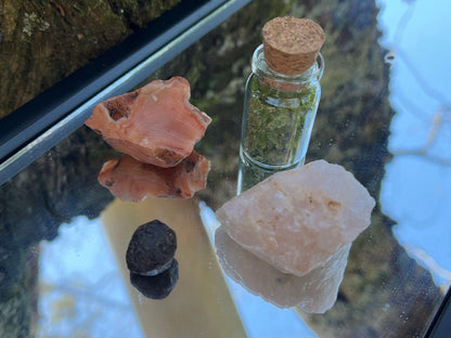 Raw carnelian, raw rose quartz, raw garnet, and a bottle of tumbled peridot chips set on a mirror with part of a tree as the backdrop.