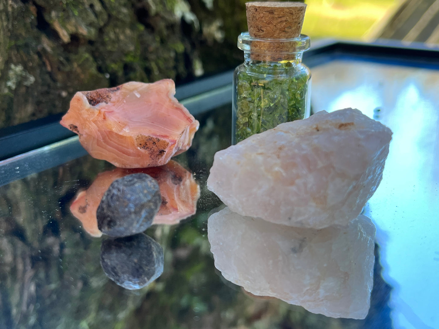 Raw carnelian, raw rose quartz, raw garnet, and a bottle of tumbled peridot chips set on a mirror with part of a tree as the backdrop.