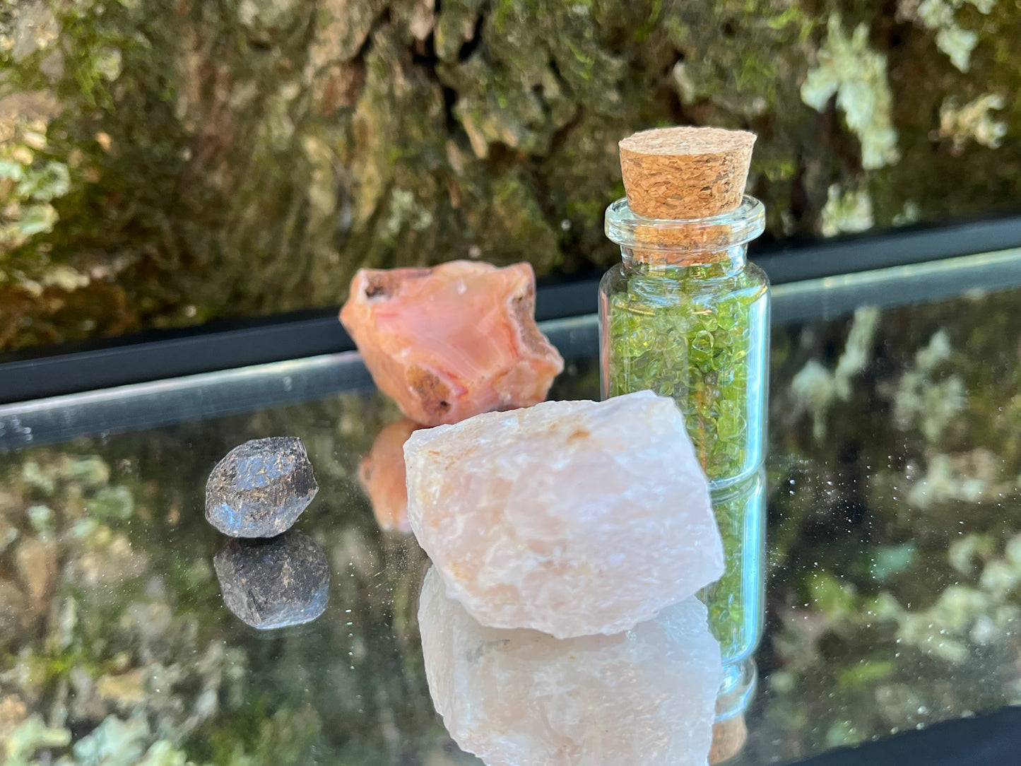 Raw carnelian, raw rose quartz, raw garnet, and a bottle of tumbled peridot chips set on a mirror with part of a tree as the backdrop.