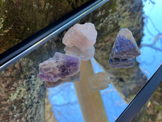 Raw rose quartz, raw amethyst, raw sodalite, and raw clear quartz set on a mirror with part of a tree as the backdrop.