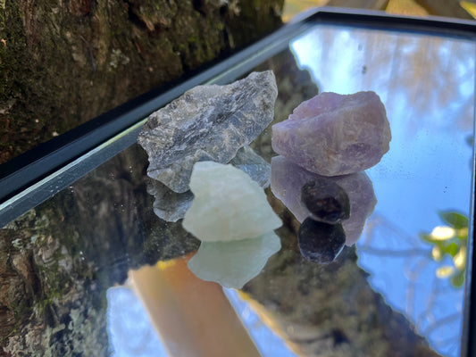 Raw labradorite, raw amethyst, raw aquamarine, and raw garnet set on a mirror with part of a tree as the backdrop.