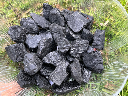 Several pieces of mini raw black tourmaline in a round glass bowl. The bowl is set on grass.