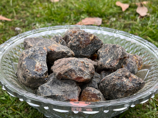 Large chunks of black amber in a large glass bowl. The bowl is sitting on some grass.